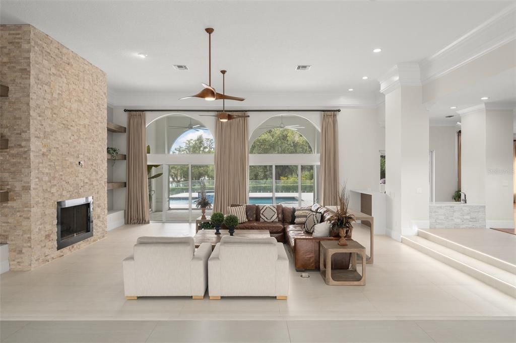 Fireplace, Interior, Living room, Recessed Lighting, Stone Walls