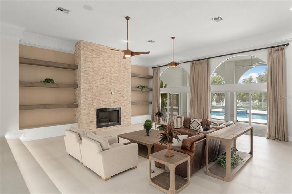 Fireplace, Interior, Living room, Pendant Lights, Recessed Lighting, Stone Walls