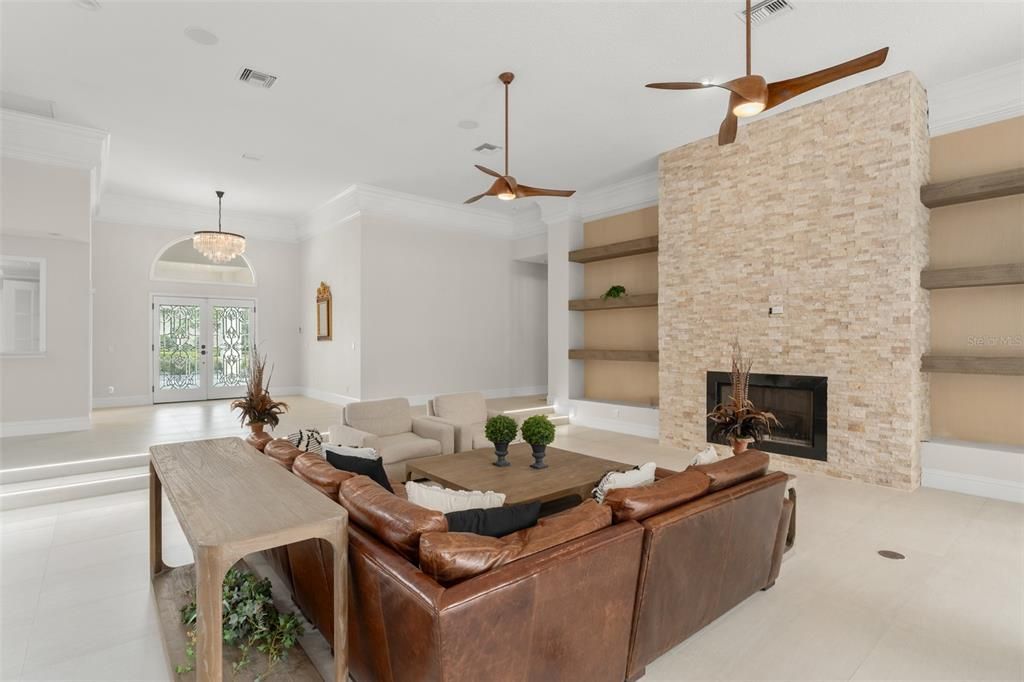 Chandelier, Fireplace, Interior, Living room, Pendant Lights, Stone Walls