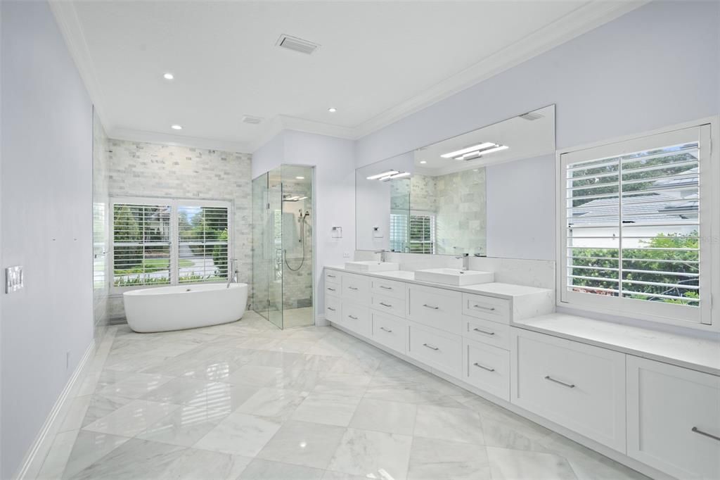 Bathroom, Dual Sink Vanities, Free Standing Baths, Glass Shower, Interior, Marble, Recessed Lighting