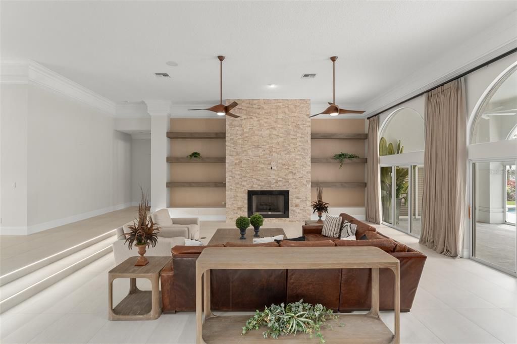 Fireplace, Interior, Living room, Pendant Lights, Recessed Lighting, Stone Walls