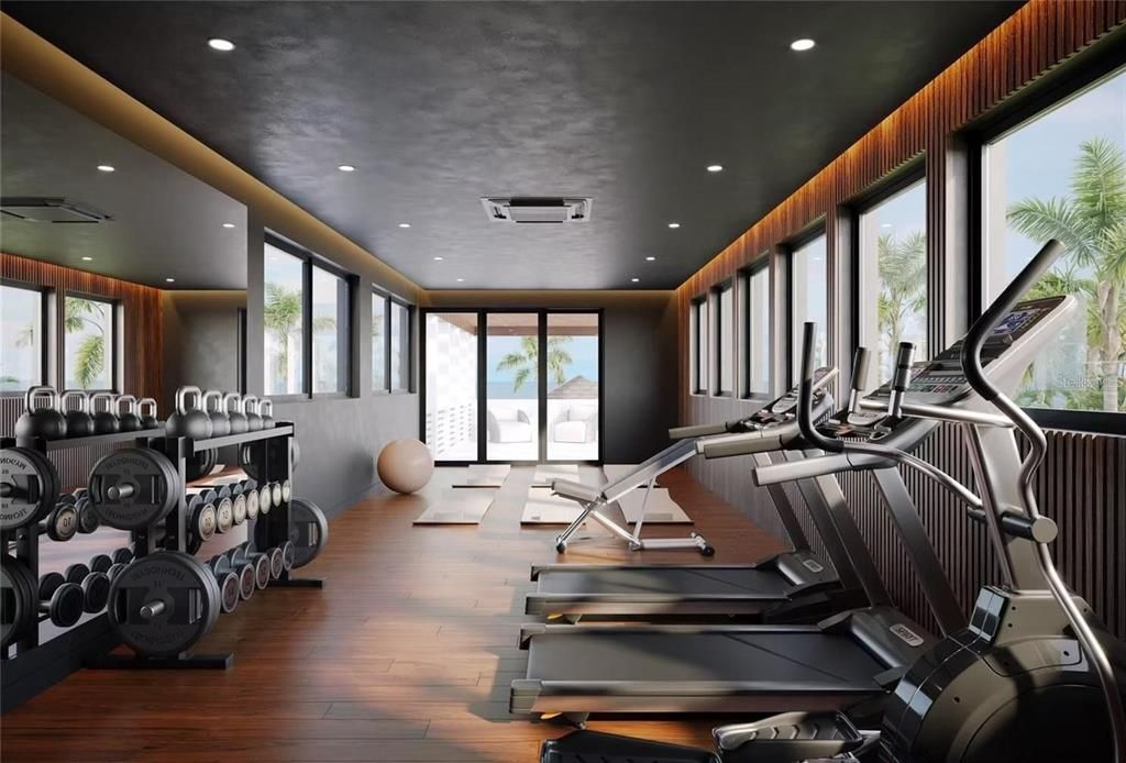 Fitness Equipment, Gym, Interior, Recessed Lighting, Wood Texture Flooring