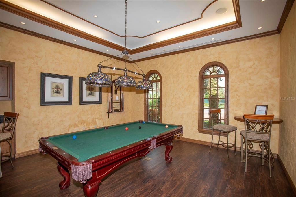 Billiard Table, Game Room, Interior, Pendant Lights, Recessed Lighting, Wood Texture Flooring