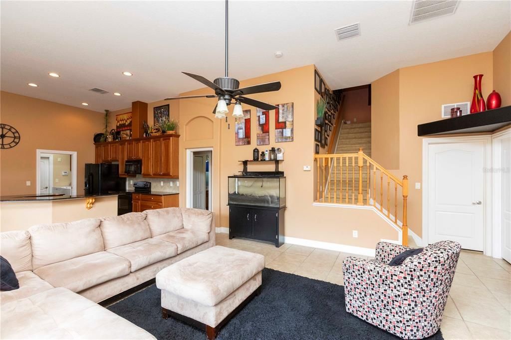 Fireplace, Interior, Kitchen, Living room, Recessed Lighting