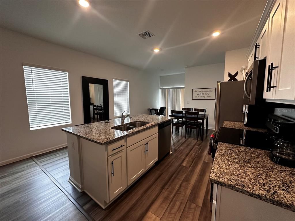 Dining room, Interior, Kitchen, Recessed Lighting, Wood Texture Flooring