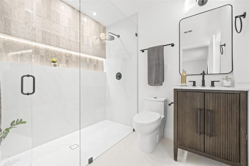 Bathroom, Glass Shower, Interior, Recessed Lighting