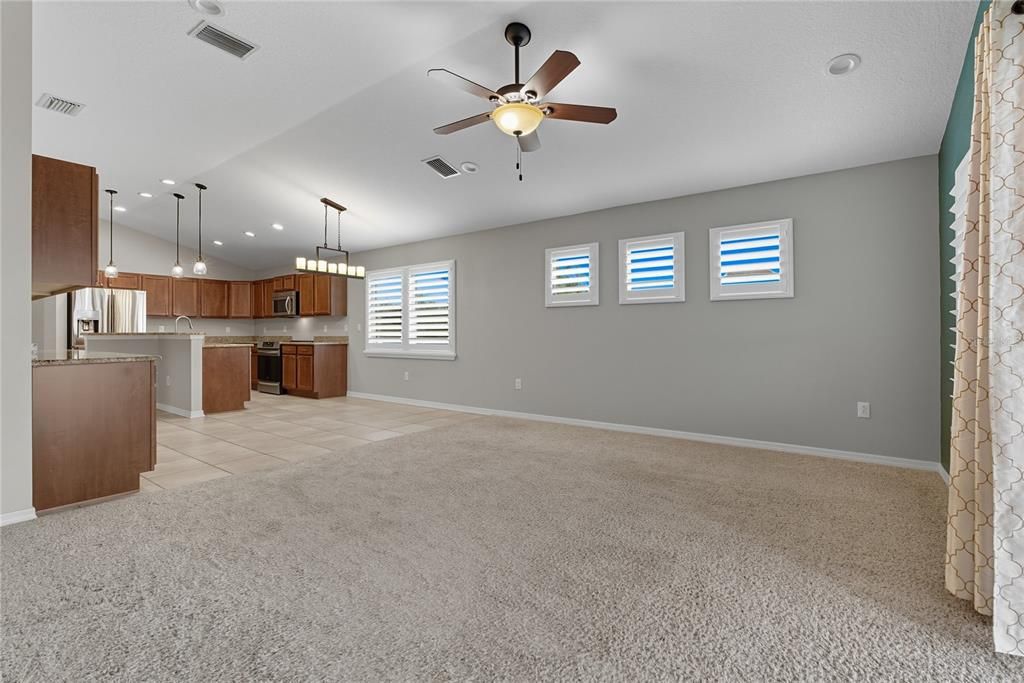 Chandelier, Empty room, Interior, Kitchen, Pendant Lights, Recessed Lighting, Stainless Steel Appliances