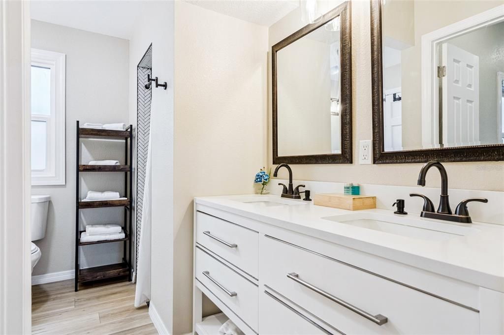 Bathroom, Dual Sink Vanities, Interior, Wood Texture Flooring