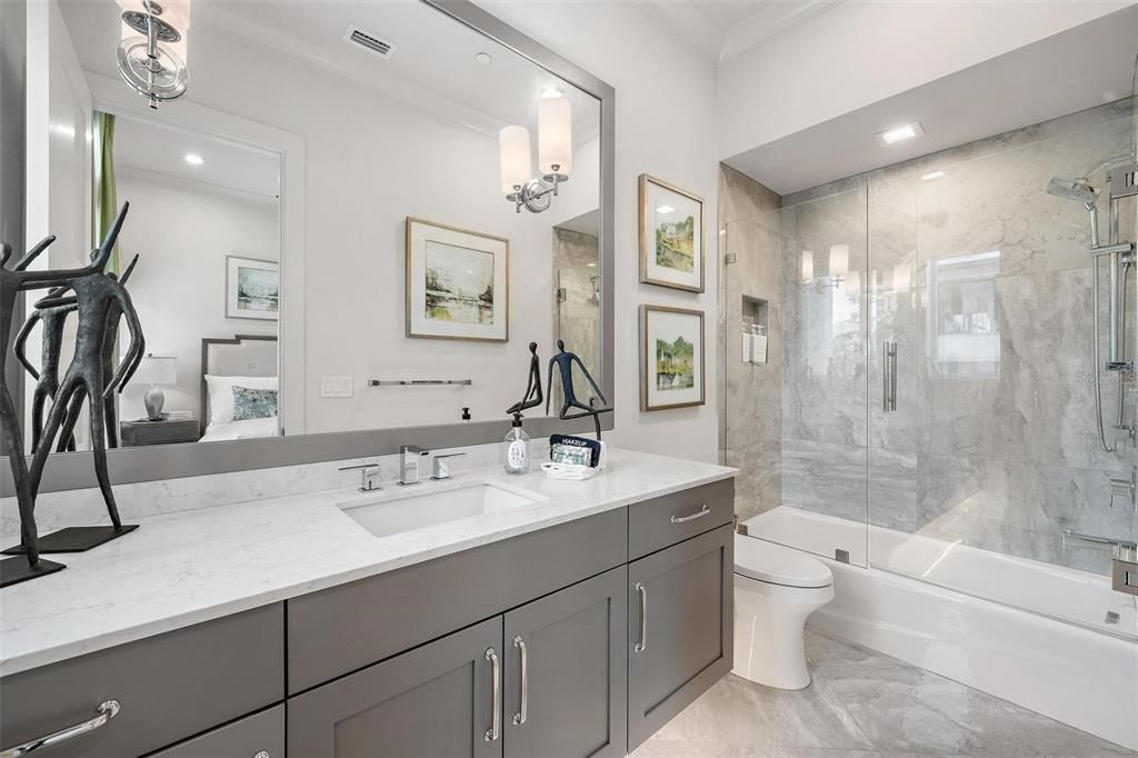 Bathroom, Glass Shower, Interior, Marble Walls, Recessed Lighting