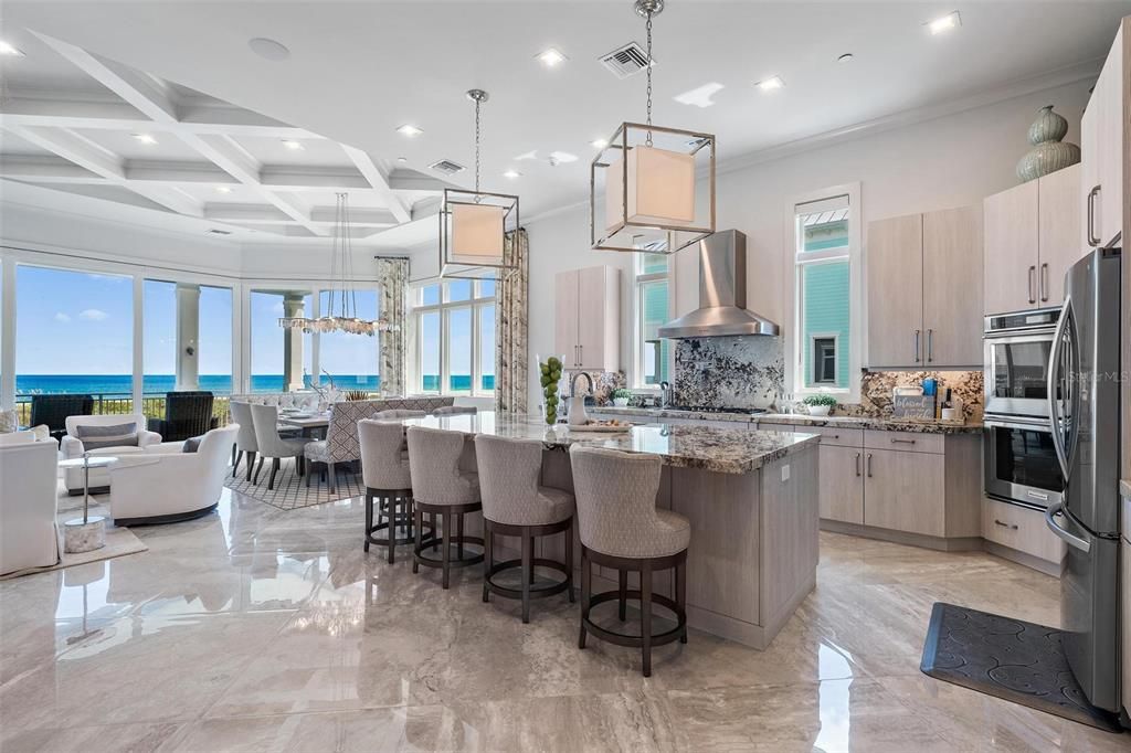 Chandelier, Dining room, Interior, Kitchen, Living room, Pendant Lights, Recessed Lighting, Stainless Steel Appliances, Water