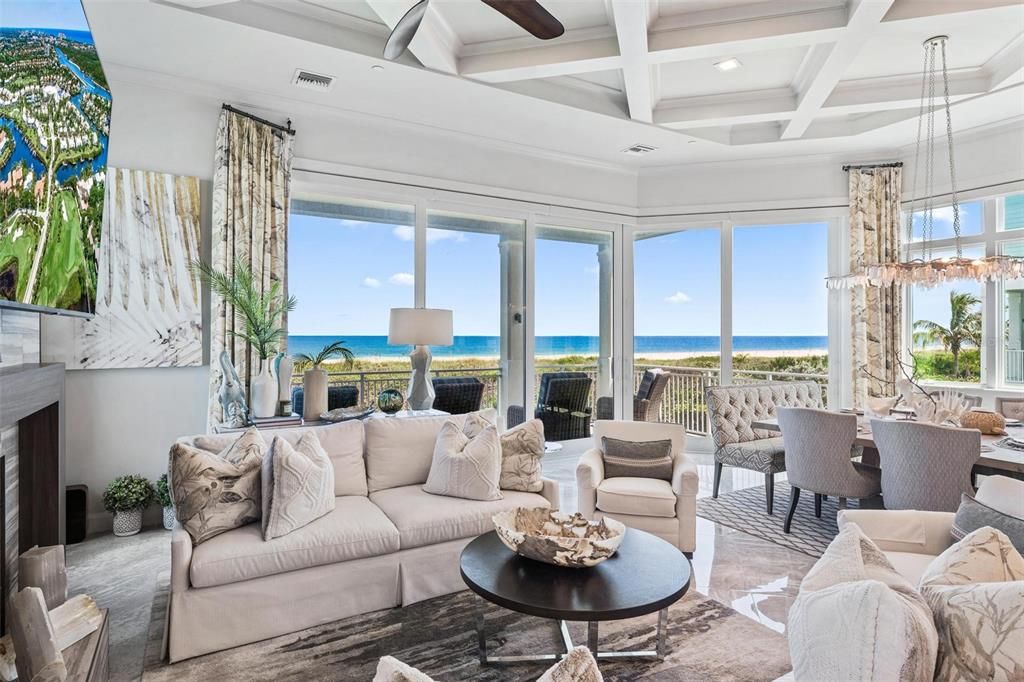 Dining room, Fireplace, Interior, Living room, Pendant Lights, Recessed Lighting, Water