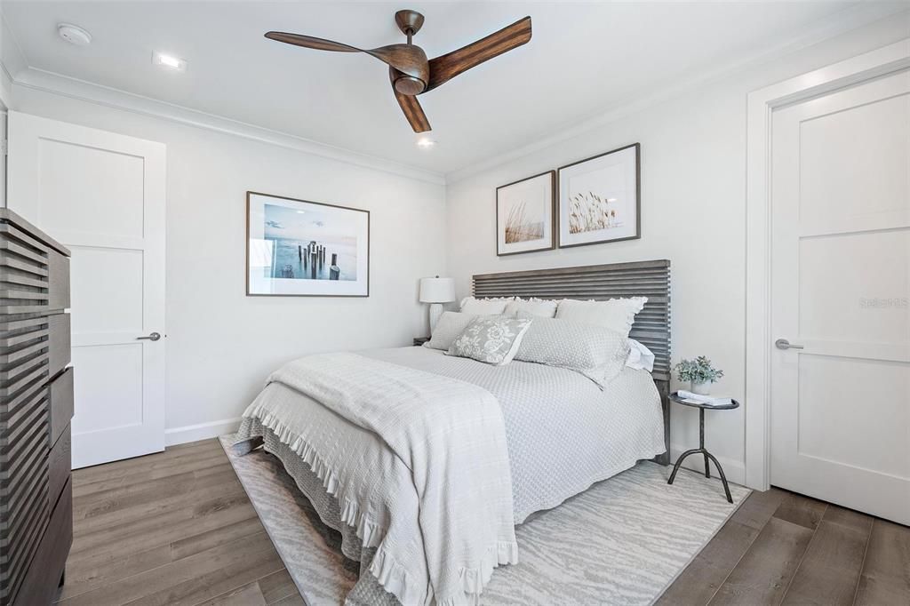 Bedroom, Interior, Recessed Lighting, Wood Texture Flooring