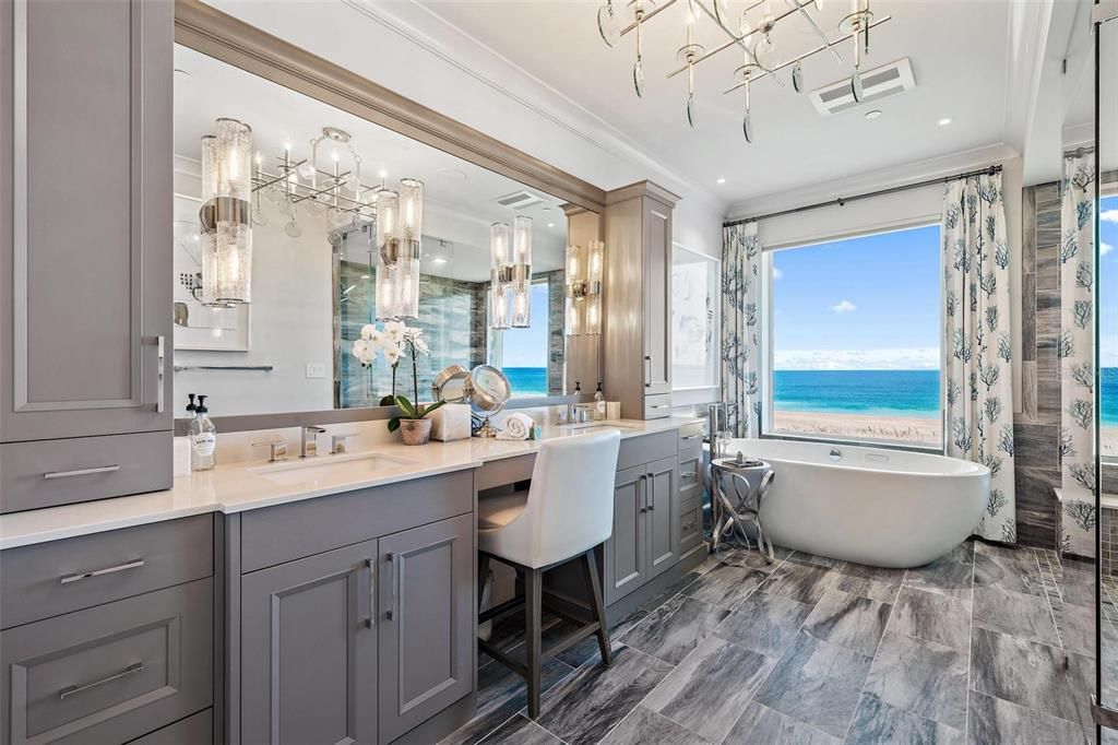 Bathroom, Dual Sink Vanities, Free Standing Baths, Interior, Recessed Lighting, Water, Wood Texture Flooring