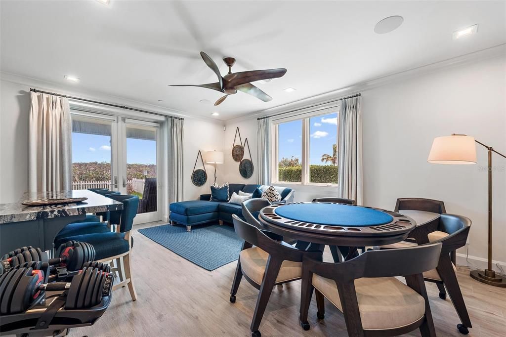 Dining room, Game Room, Interior, Recessed Lighting, Wood Texture Flooring