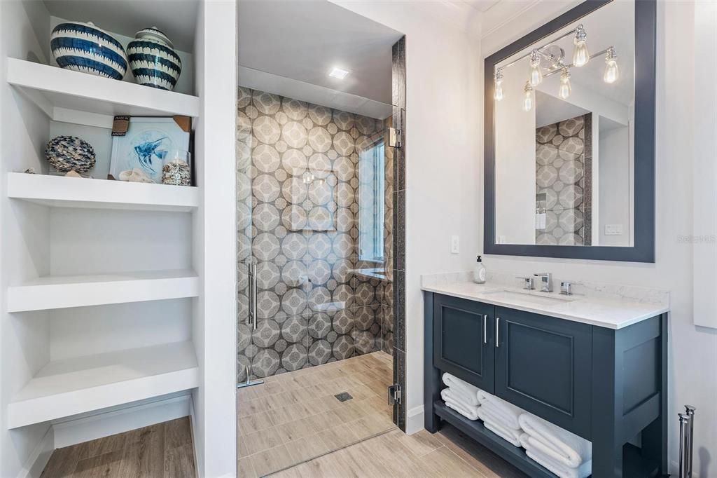 Bathroom, Interior, Recessed Lighting, Wood Texture Flooring