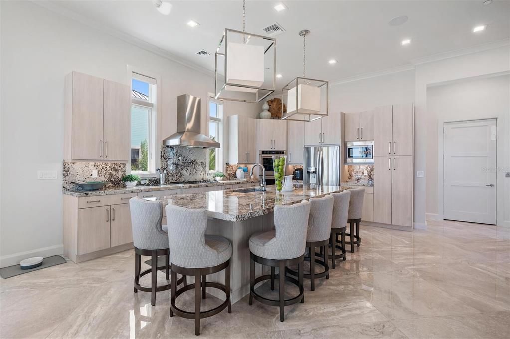 Interior, Kitchen, Marble, Pendant Lights, Recessed Lighting, Stainless Steel Appliances