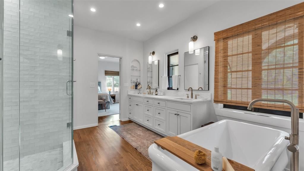 Bathroom, Dual Sink Vanities, Glass Shower, Interior, Recessed Lighting, Wood Texture Flooring