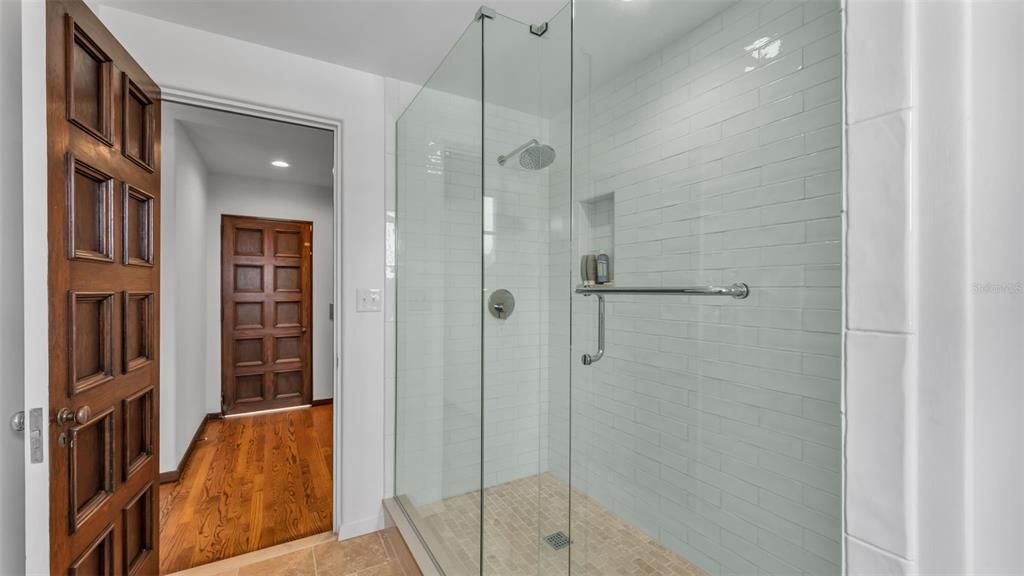 Bathroom, Glass Shower, Interior, Recessed Lighting, Wood Texture Flooring