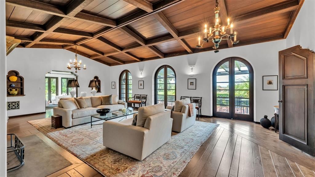 Chandelier, Interior, Living room, Wooden Beams, Wooden Ceilings, Wood Texture Flooring