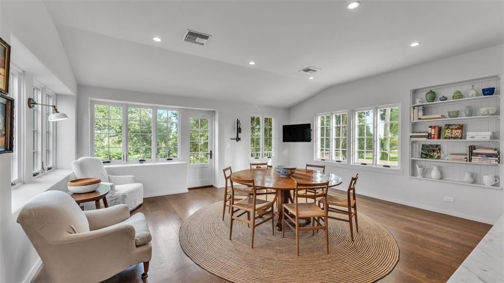 Dining room, Interior, Recessed Lighting, Wood Texture Flooring