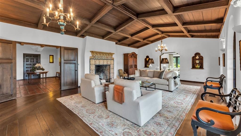Chandelier, Fireplace, Interior, Living room, Wooden Beams, Wooden Ceilings, Wood Texture Flooring