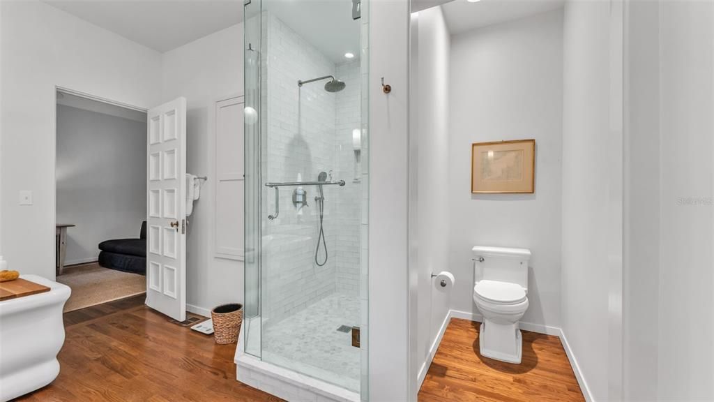 Bathroom, Glass Shower, Interior, Recessed Lighting, Wood Texture Flooring