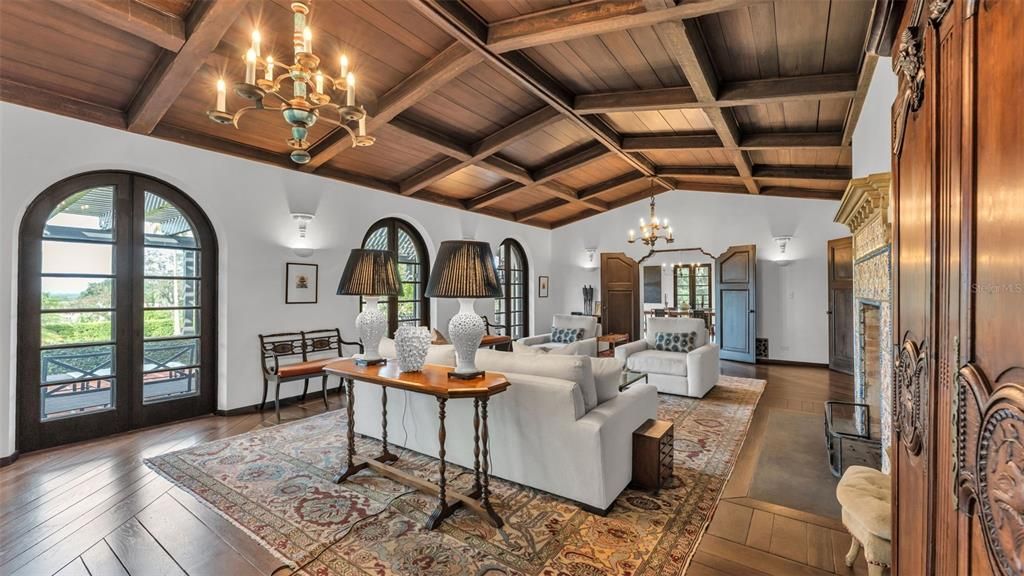 Chandelier, Interior, Living room, Wooden Beams, Wooden Ceilings, Wood Texture Flooring