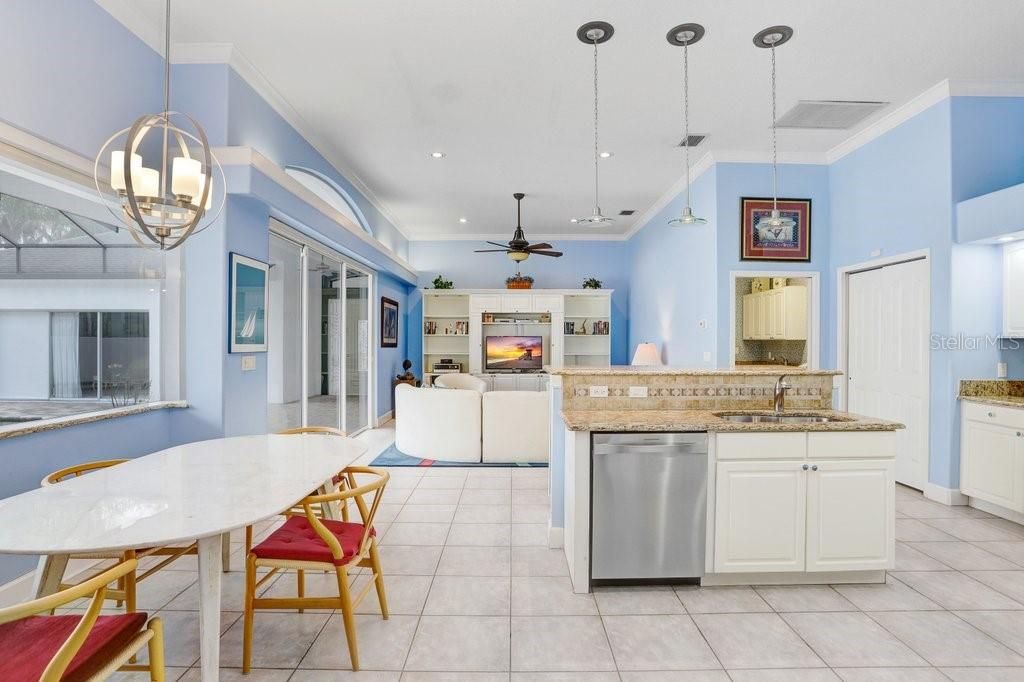 Fireplace, Interior, Kitchen, Living room, Pendant Lights, Recessed Lighting