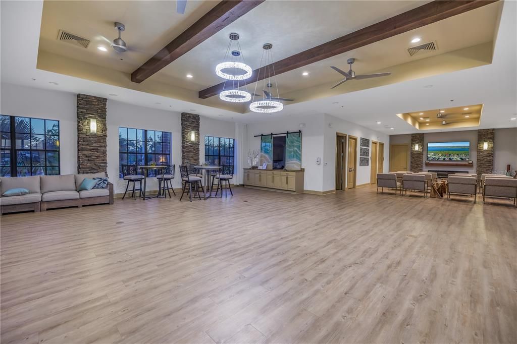 Dining room, Interior, Pendant Lights, Recessed Lighting, Stone Walls, Wooden Beams, Wood Texture Flooring