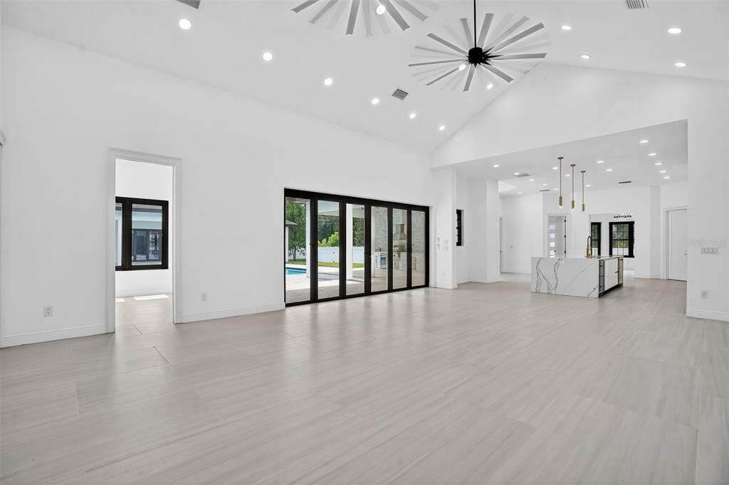 Empty room, Interior, Kitchen, Pendant Lights, Recessed Lighting, Stainless Steel Appliances