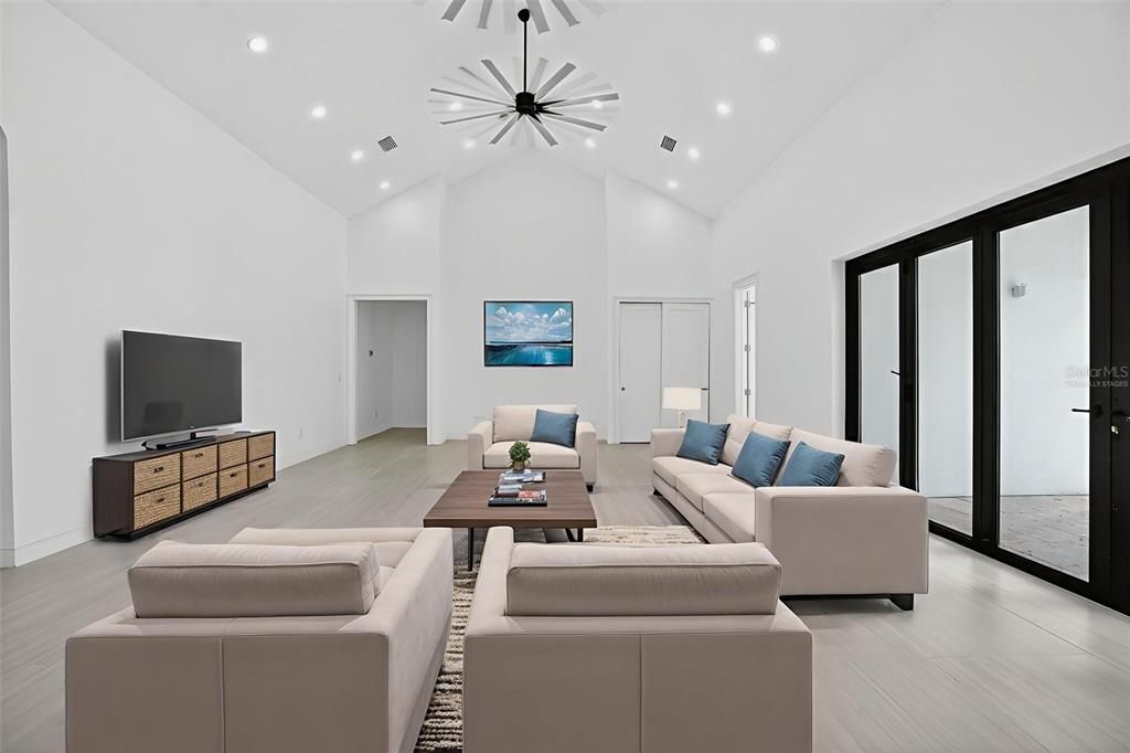 Interior, Living room, Pendant Lights, Recessed Lighting, Wood Texture Flooring