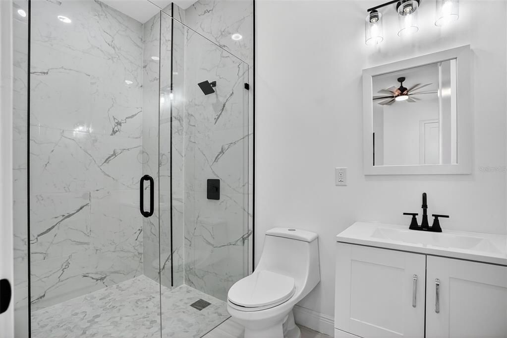 Bathroom, Glass Shower, Interior, Marble Walls, Recessed Lighting