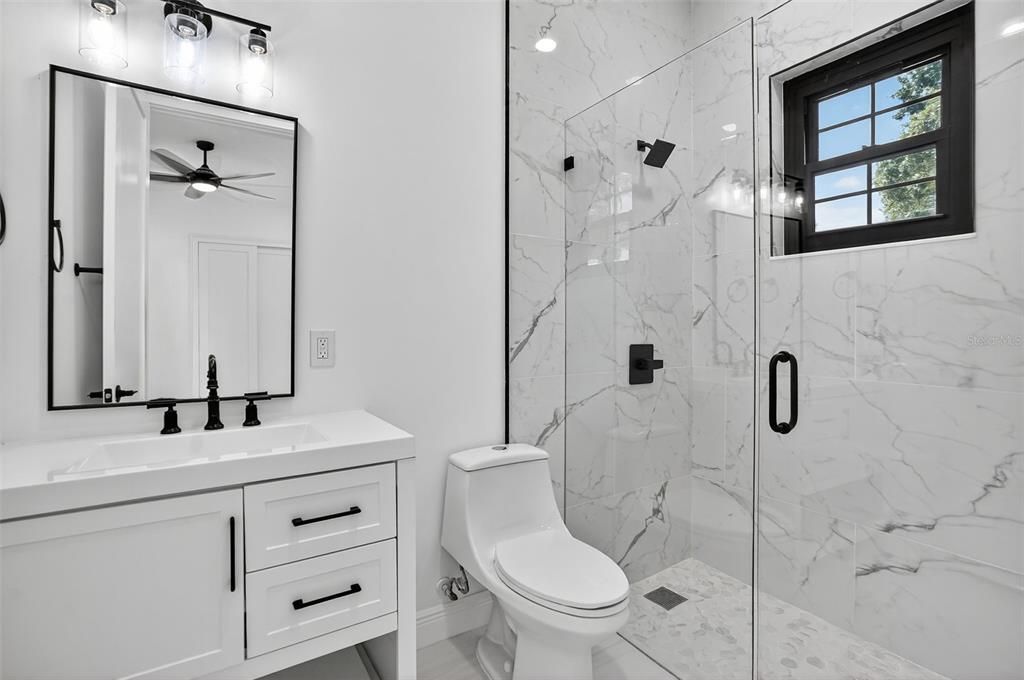 Bathroom, Glass Shower, Interior, Marble Walls