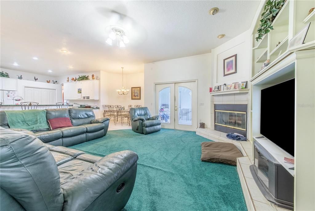 Chandelier, Dining room, Fireplace, Interior, Kitchen, Living room, Recessed Lighting