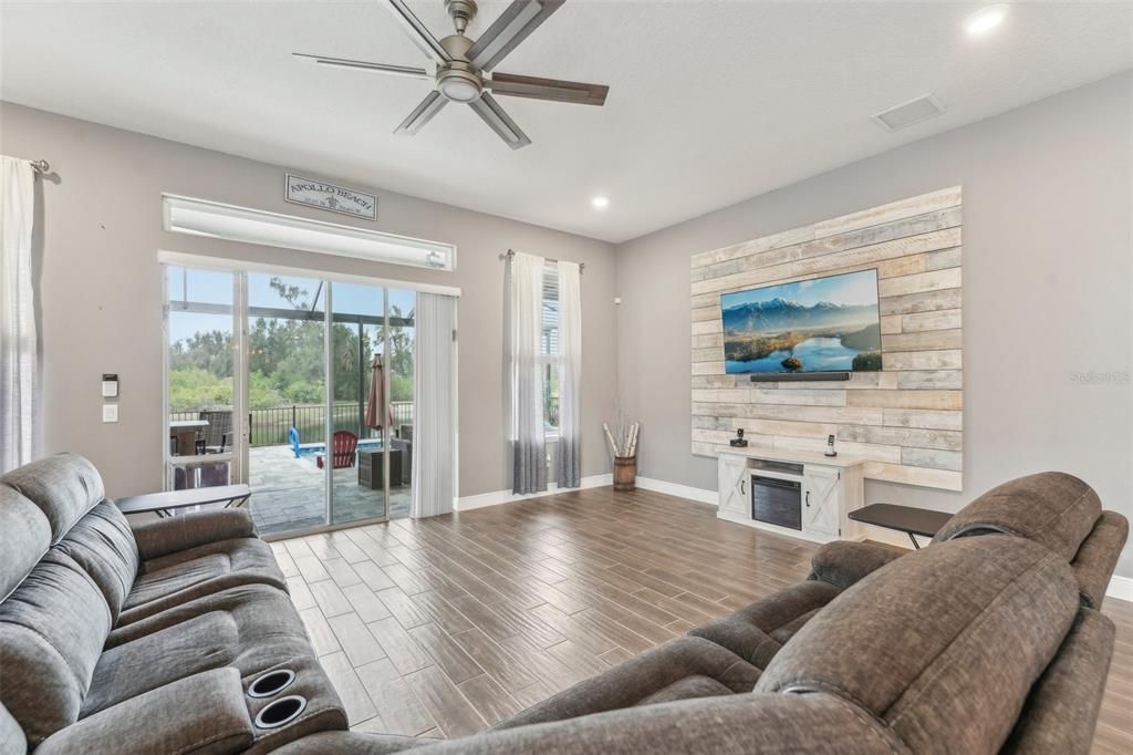 Fireplace, Interior, Living room, Recessed Lighting, Wood Texture Flooring