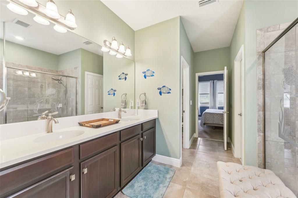 Bathroom, Dual Sink Vanities, Glass Shower, Interior, Recessed Lighting