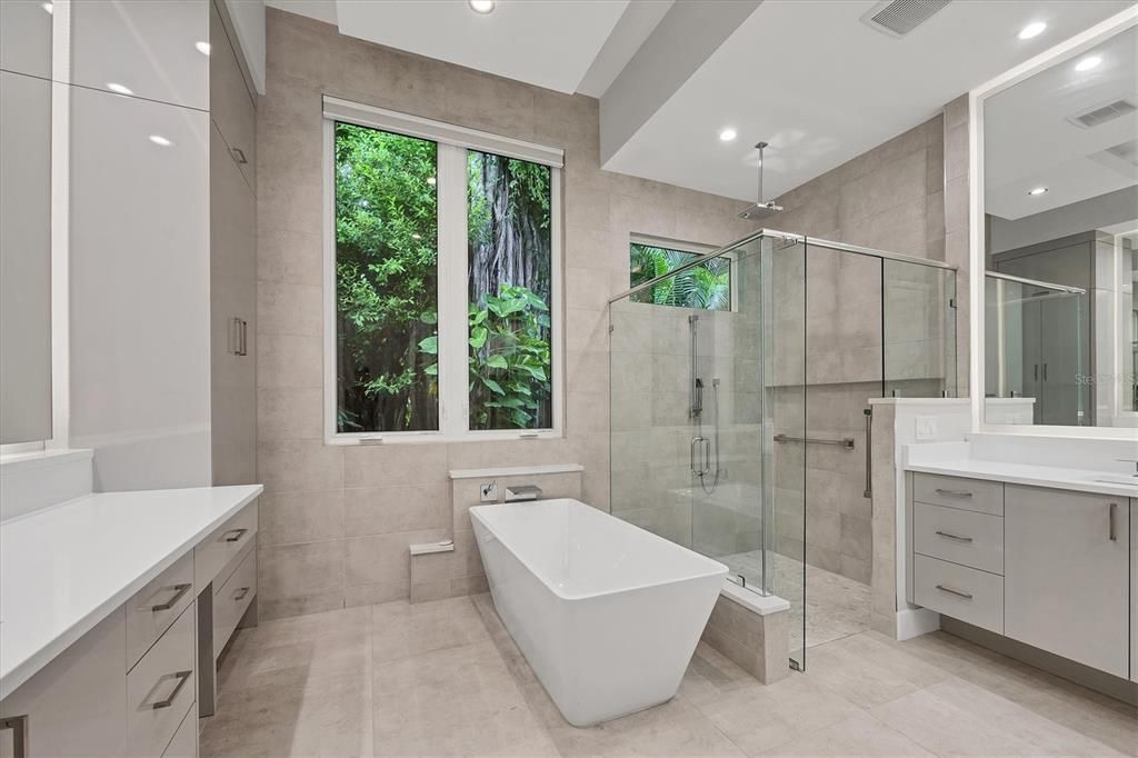 Bathroom, Free Standing Baths, Glass Shower, Interior, Recessed Lighting