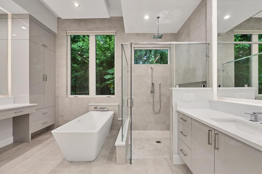 Bathroom, Dual Sink Vanities, Free Standing Baths, Glass Shower, Interior, Recessed Lighting