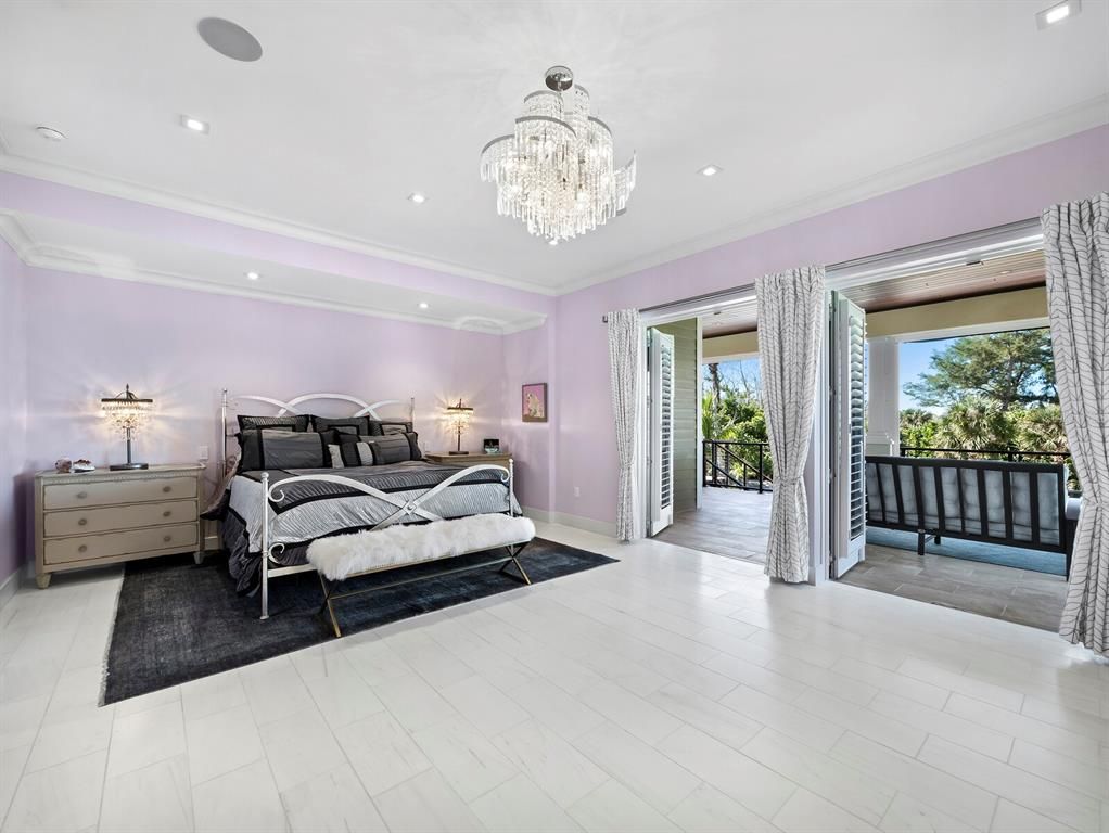 Bedroom, Chandelier, Interior, Recessed Lighting, Wood Texture Flooring