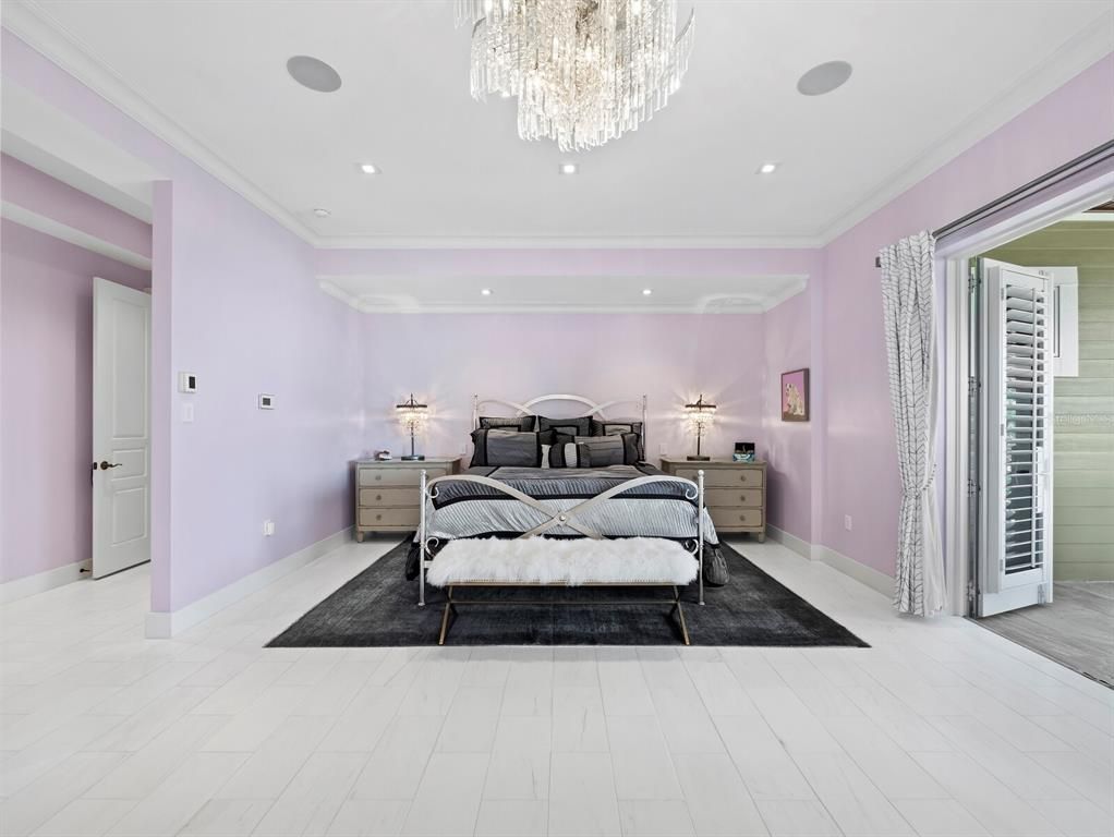 Bedroom, Chandelier, Interior, Recessed Lighting, Wood Texture Flooring