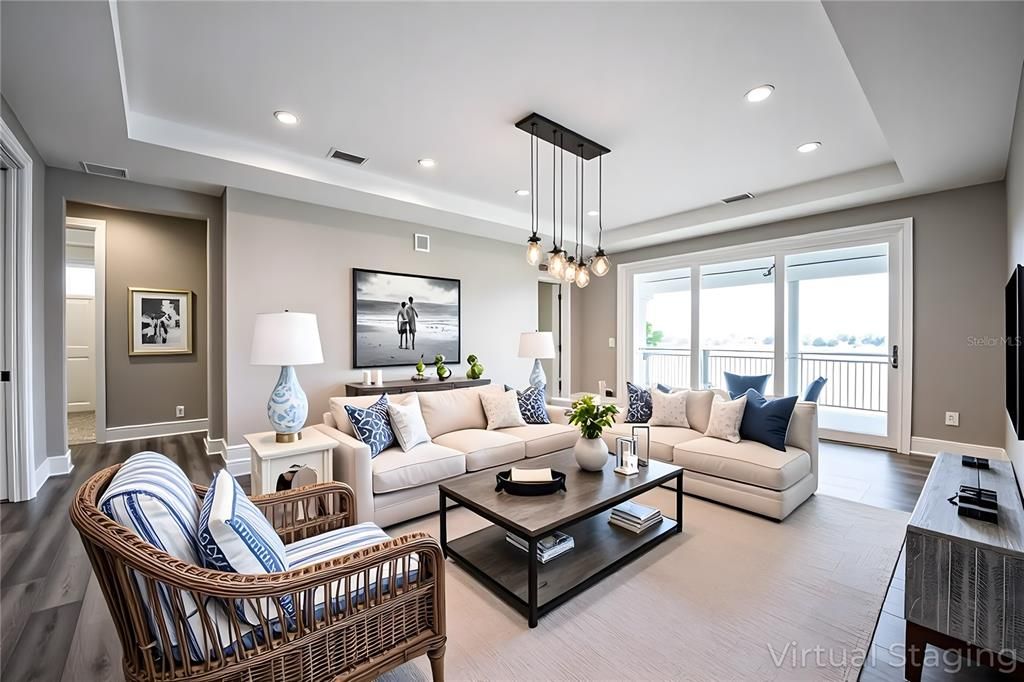 Interior, Living room, Pendant Lights, Recessed Lighting, Wood Texture Flooring