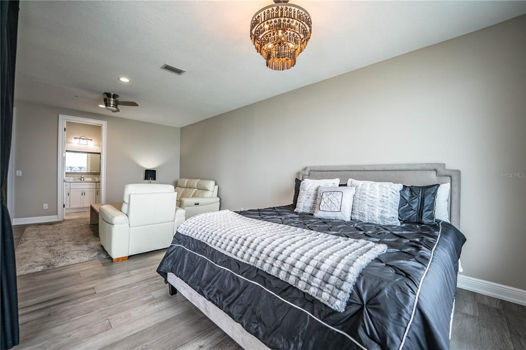 Bedroom, Chandelier, Interior, Recessed Lighting, Wood Texture Flooring