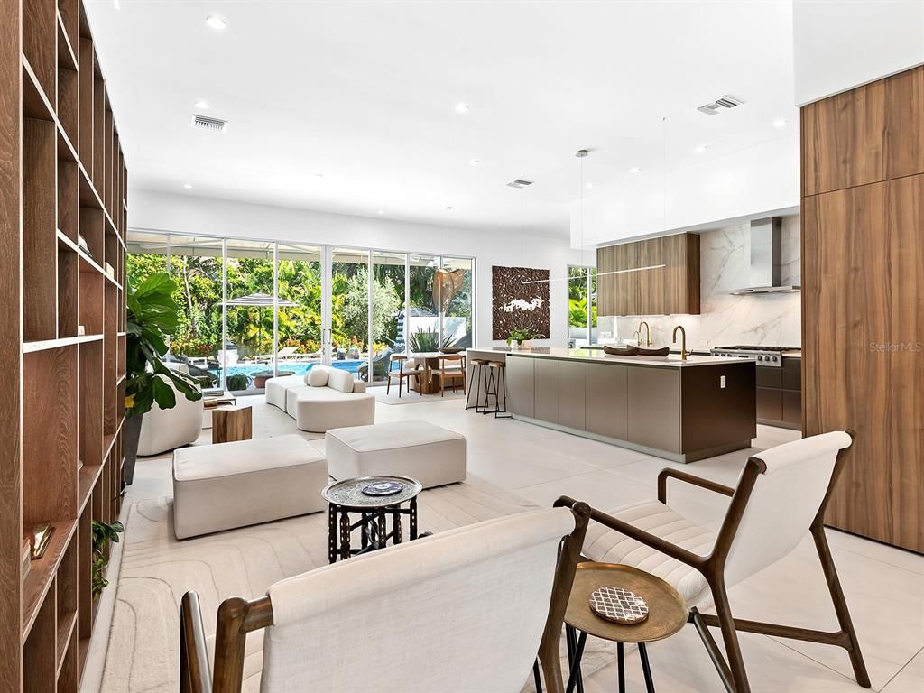 Interior, Kitchen, Living room, Marble Walls, Pendant Lights, Recessed Lighting