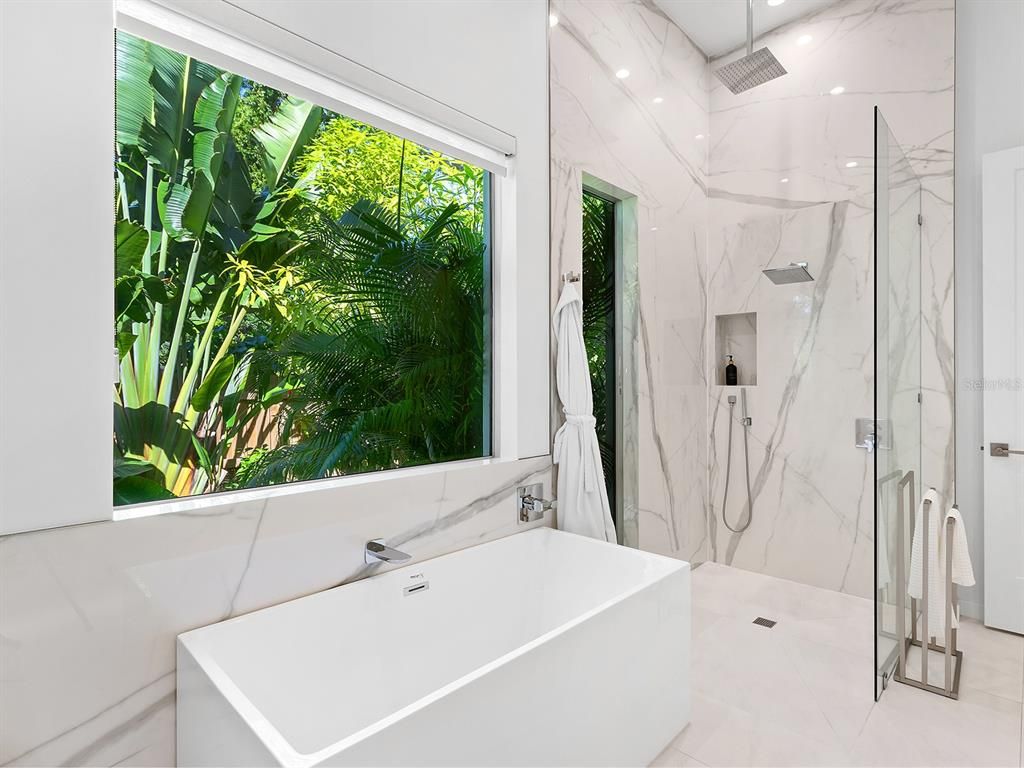 Bathroom, Glass Shower, Interior, Marble Walls, Recessed Lighting