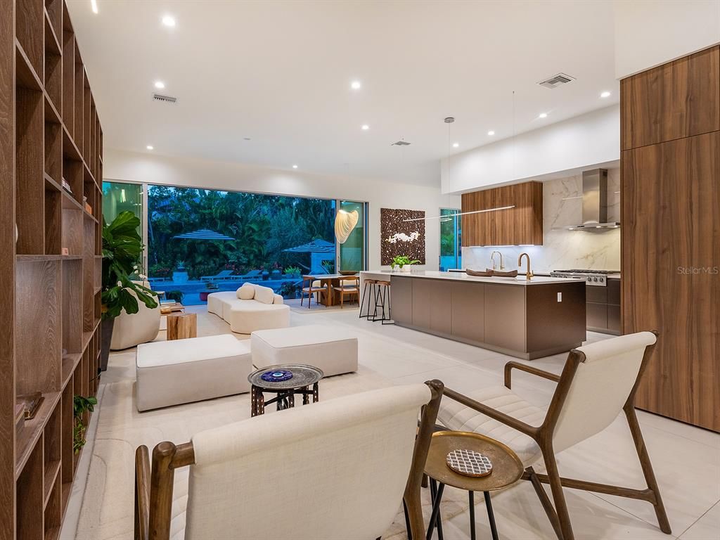 Interior, Kitchen, Living room, Marble Walls, Pendant Lights, Recessed Lighting