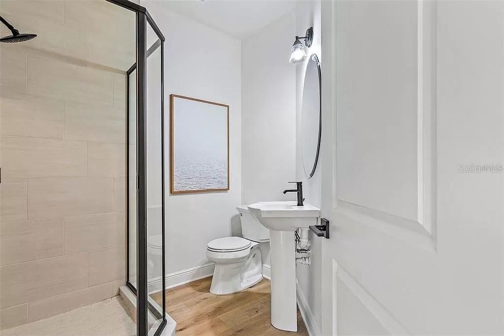 Bathroom, Glass Shower, Interior, Wood Texture Flooring