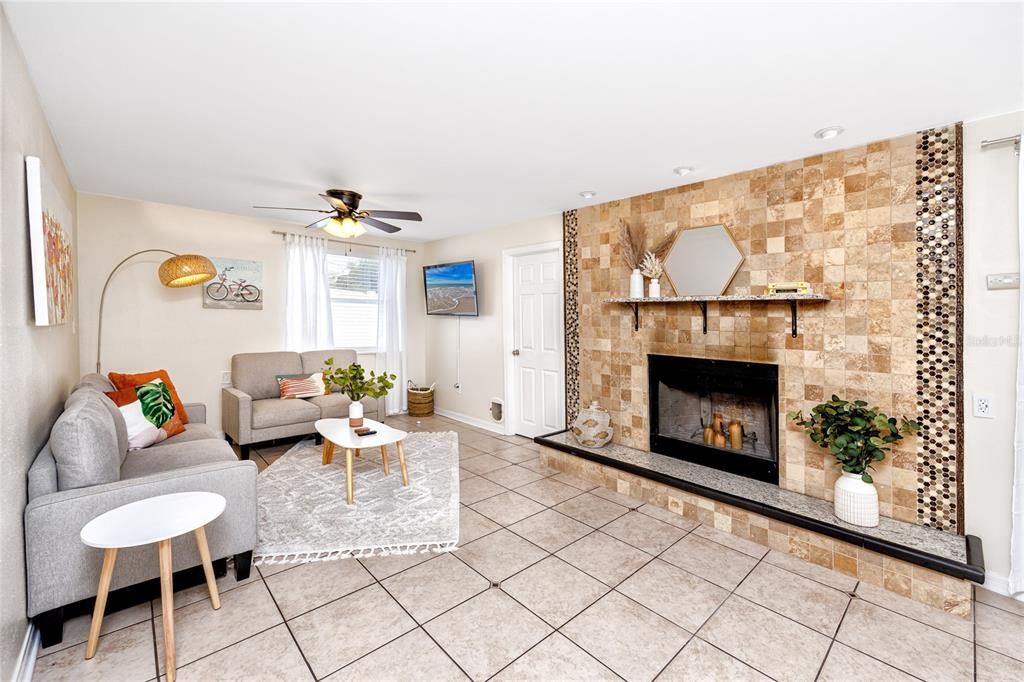 Fireplace, Interior, Living room, Recessed Lighting, Stone Walls