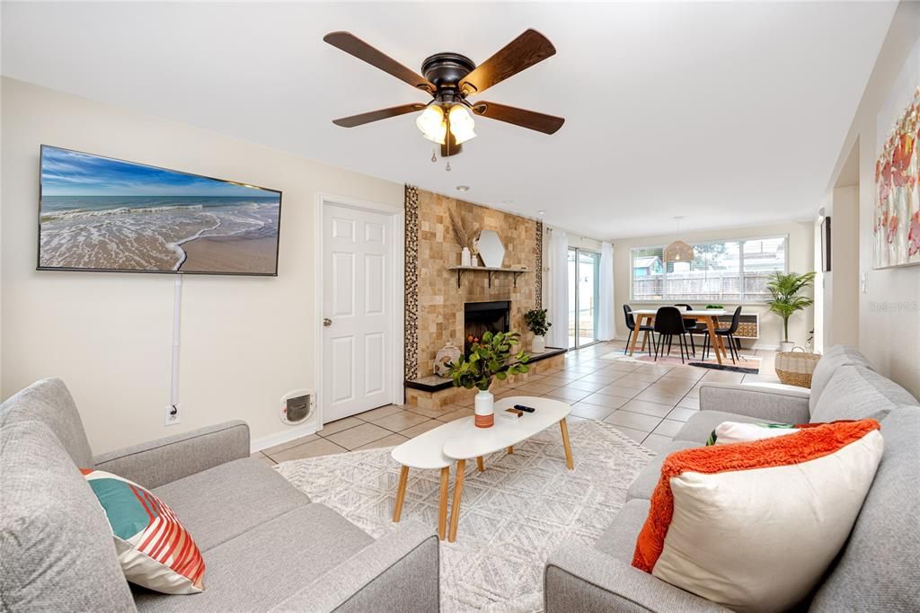 Dining room, Fireplace, Interior, Living room, Pendant Lights