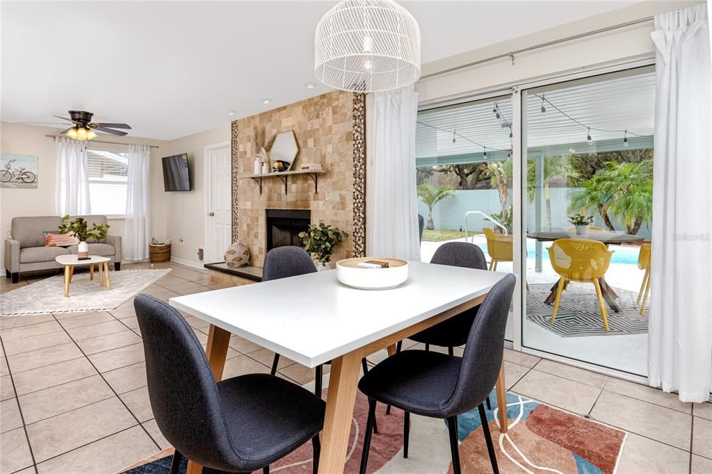 Dining room, Fireplace, Interior, Recessed Lighting, Stone Walls