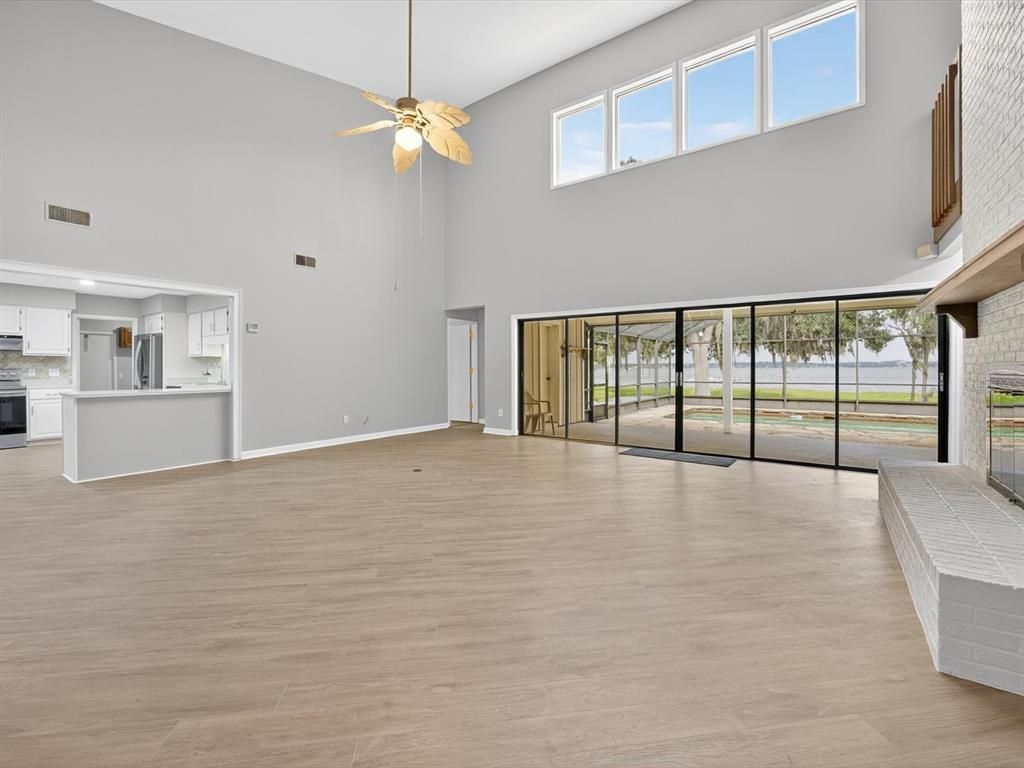 Empty room, Fireplace, Interior, Kitchen, Wood Texture Flooring